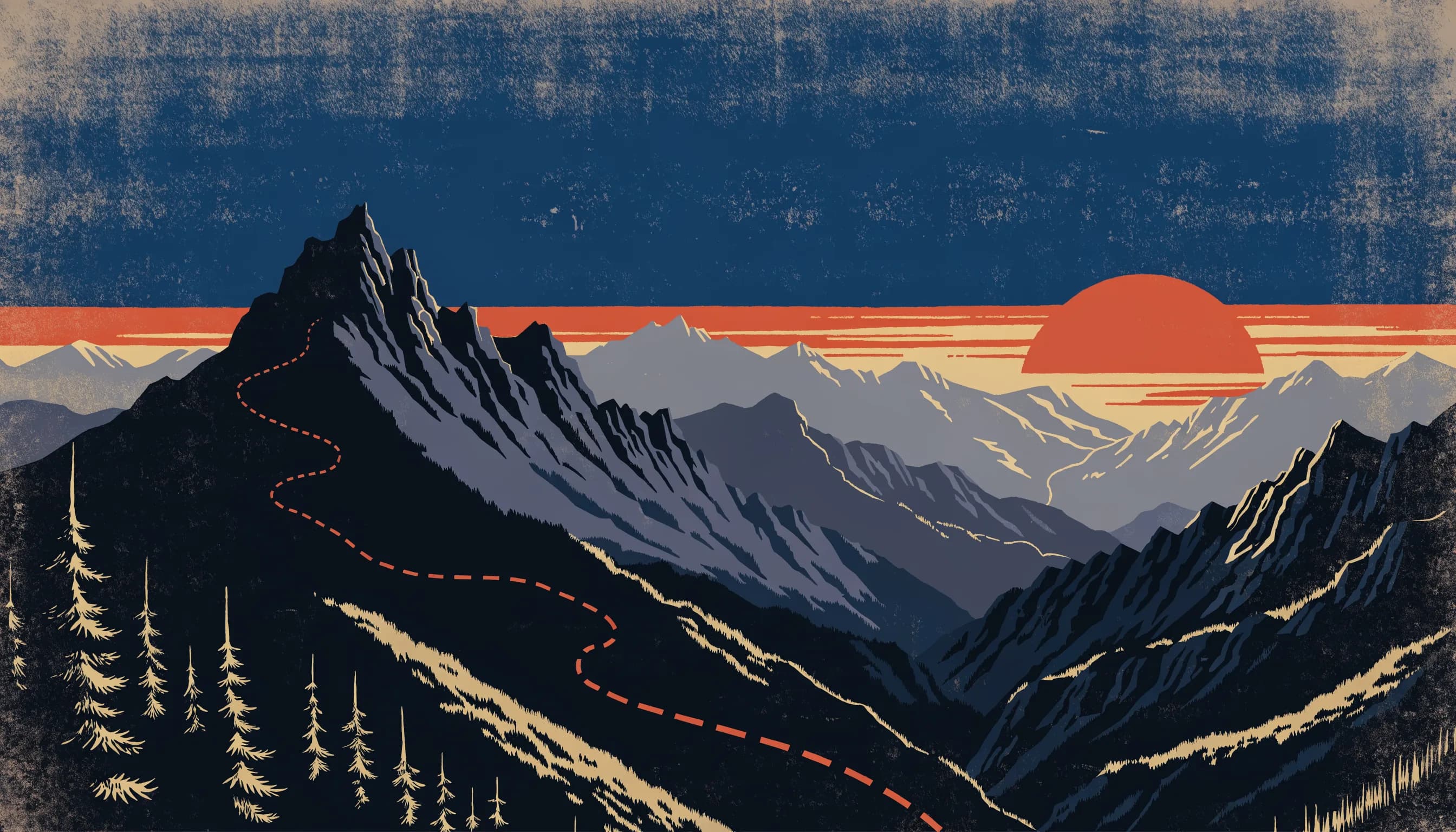 A screen printed panorama: a dashed trail winding up layered mountain ridges toward a summit at golden hour.